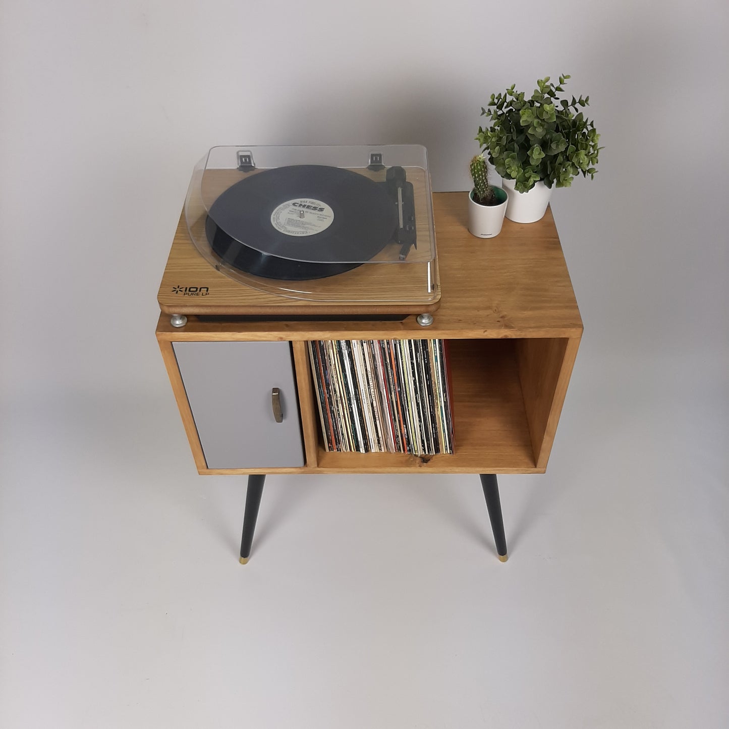 Oak Sideboard with Grey Door | Vinyl Record Storage | Console Table | Record Cabinet | Mid Century Modern Legs | Dansette Record Table