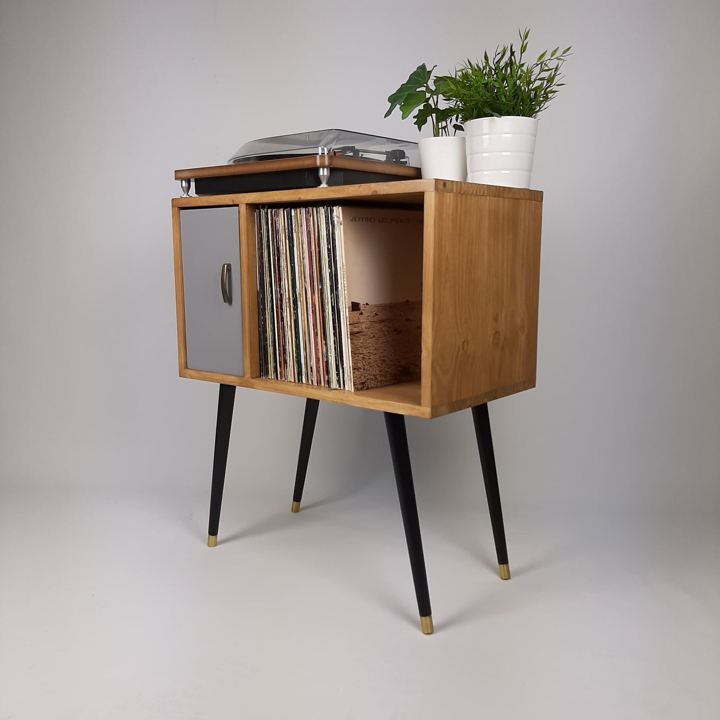 Oak Sideboard with Grey Door | Vinyl Record Storage | Console Table | Record Cabinet | Mid Century Modern Legs | Dansette Record Table