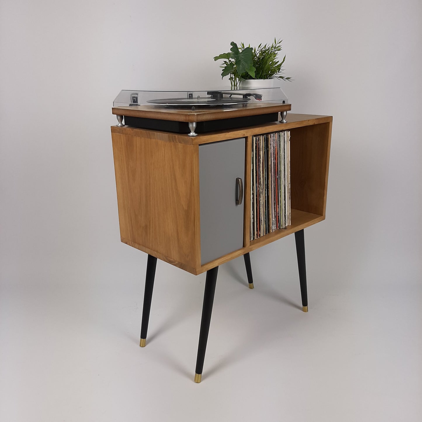 Oak Sideboard with Grey Door | Vinyl Record Storage | Console Table | Record Cabinet | Mid Century Modern Legs | Dansette Record Table