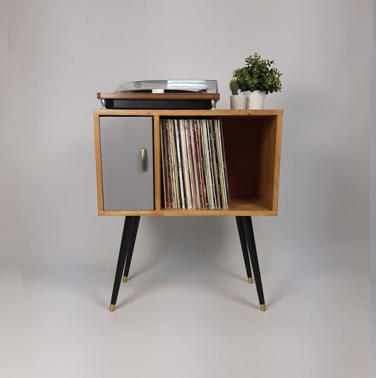 Oak Sideboard with Grey Door | Vinyl Record Storage | Console Table | Record Cabinet | Mid Century Modern Legs | Dansette Record Table
